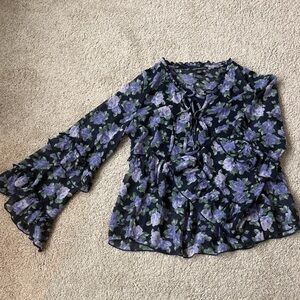 American Eagle Outfitters Black Floral Tie-Neck Blouse with Lavender Roses